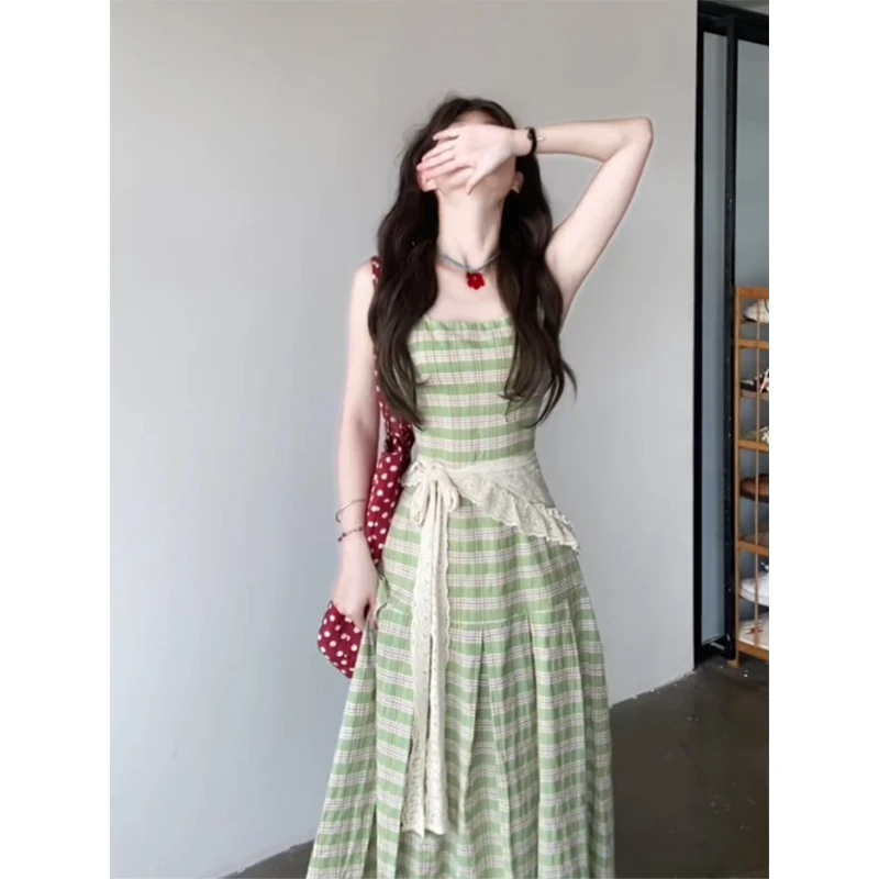 法式方领格子连衣裙女夏季2025新款无袖收腰复古裙子宽松显瘦长裙