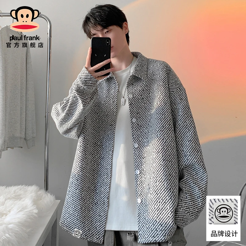 paul frank/大嘴猴复古条纹夹克外套男秋冬新款潮牌休闲翻领上衣