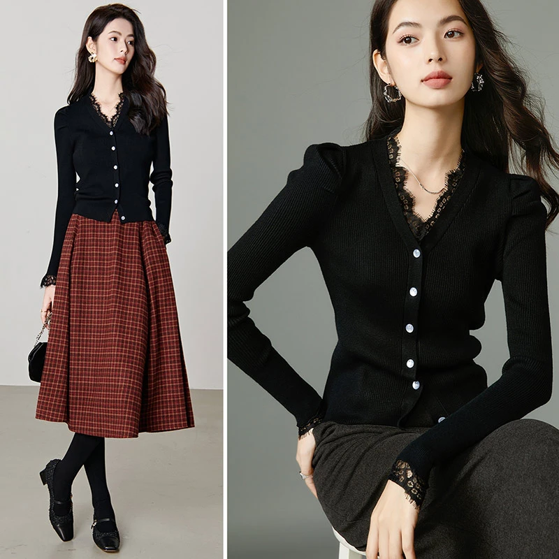 【新品】2025蕾丝V领上衣百搭短针织开衫女25052560