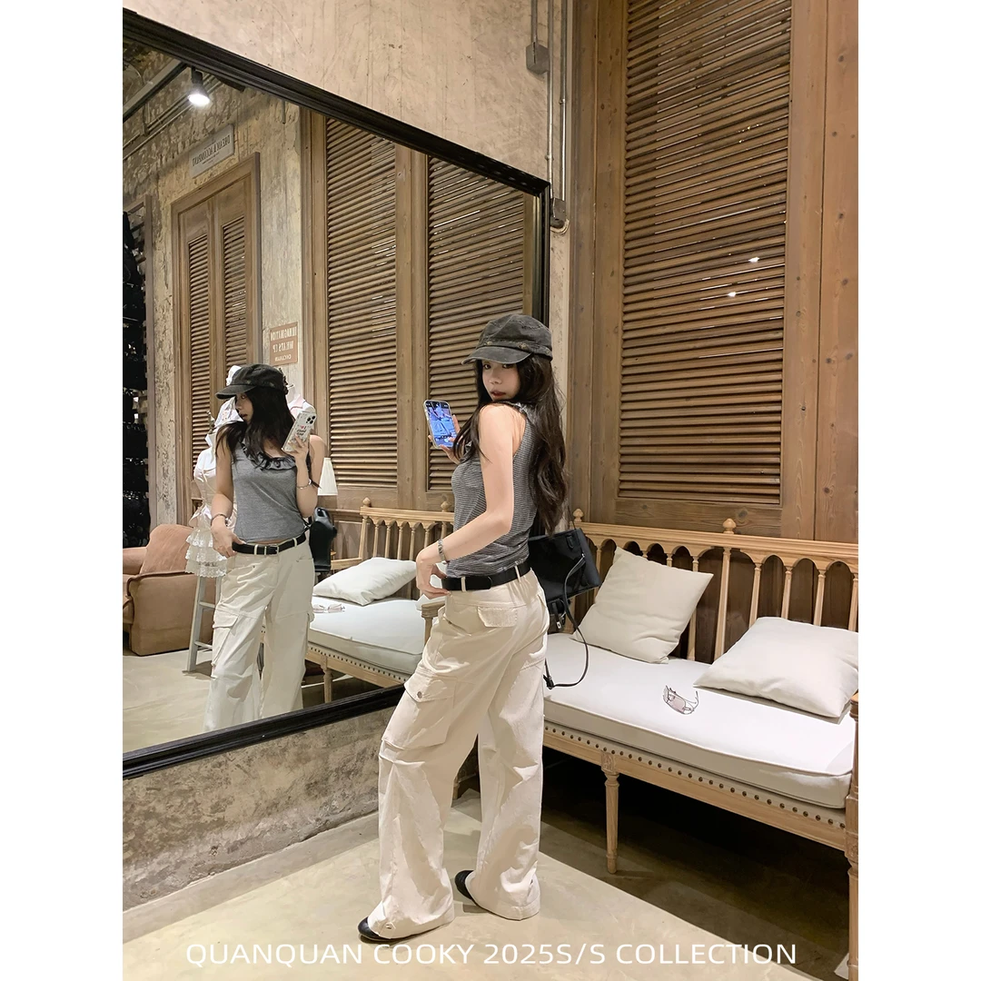 圈圈cooky 涩谷小姐 美式复古休闲宽松高腰百搭阔腿工装裤L0923Q