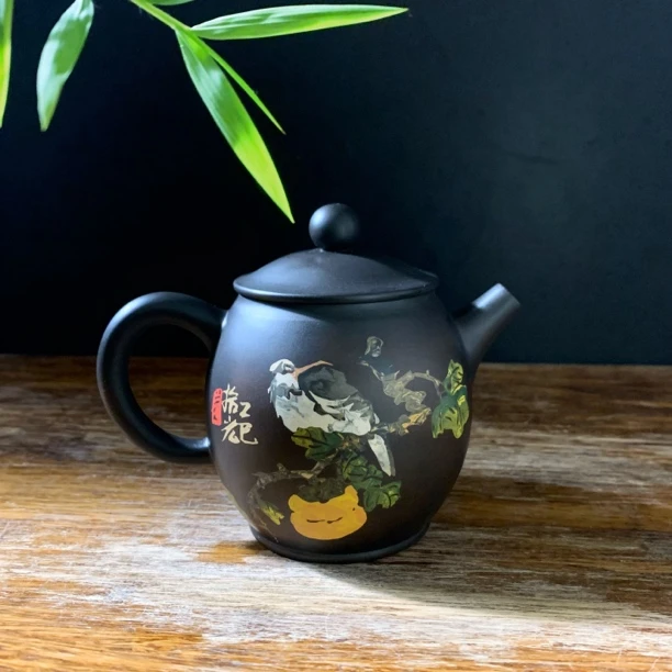 拾光老师作品建水紫陶茶壶喜上枝头彩填泡茶壶事事如意柿子陶瓷壶