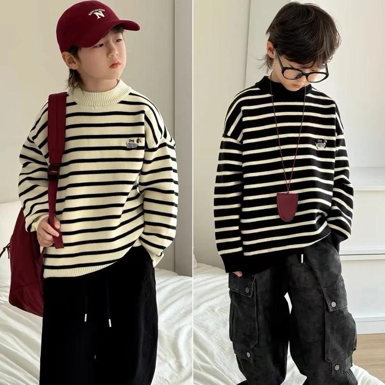 大E小e童装儿童加绒毛衣中大童一体水貂绒针织衫男童冬季保暖上衣