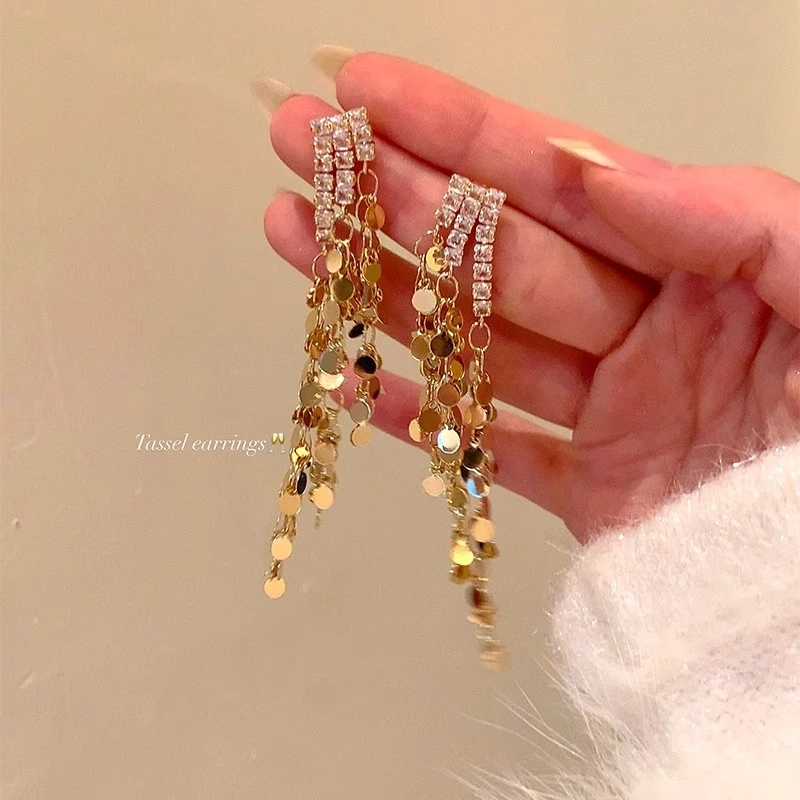 铜合金耳饰 韩系千金气质闪钻亮片流苏耳环耳饰女独特耳钉显脸小