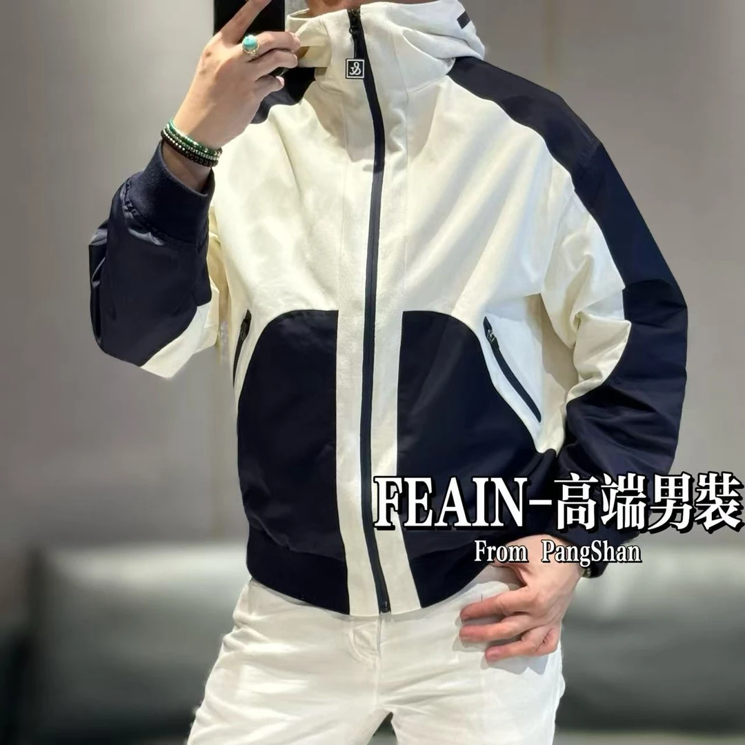 高端男士全手工立体拼接撞色工艺设计阔版拉链连帽夹克2507