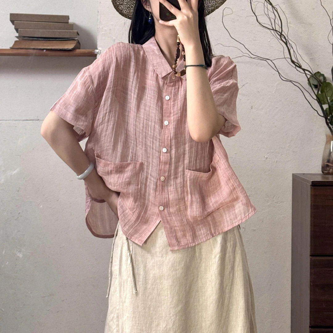 【如初】原创文艺短袖衬衫女气质宽松百搭显瘦翻领开衫上衣