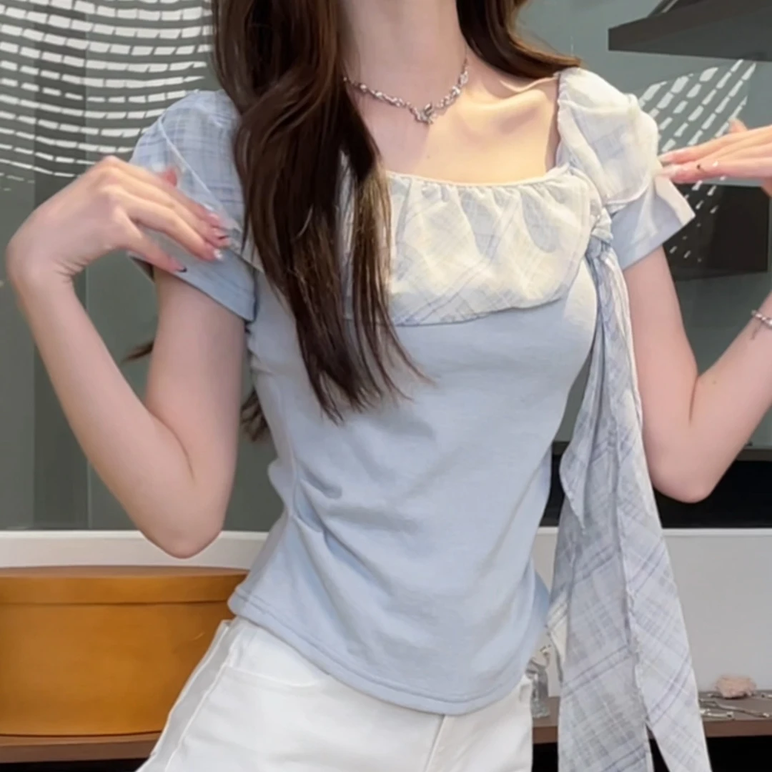 【现货】新款甜美风露肩格纹撞色荷叶边飘带设计感短袖上衣DM6647