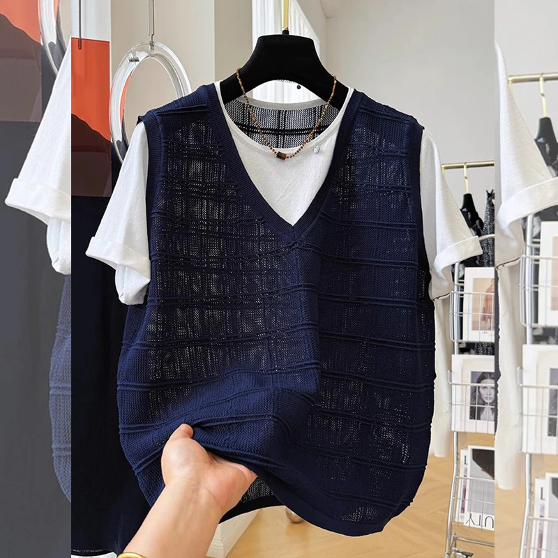 韩系减龄假两件镂空薄款短袖针织衫上衣女装夏季新款大码宽松小衫