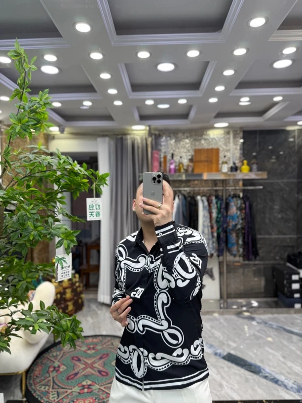 SH轻奢时尚高定男士雅痞提花方领字母休闲衬衫18106