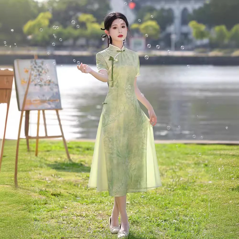 绿色奥黛旗袍新款夏季改良年轻款少女新中式日常可穿女士高考送考