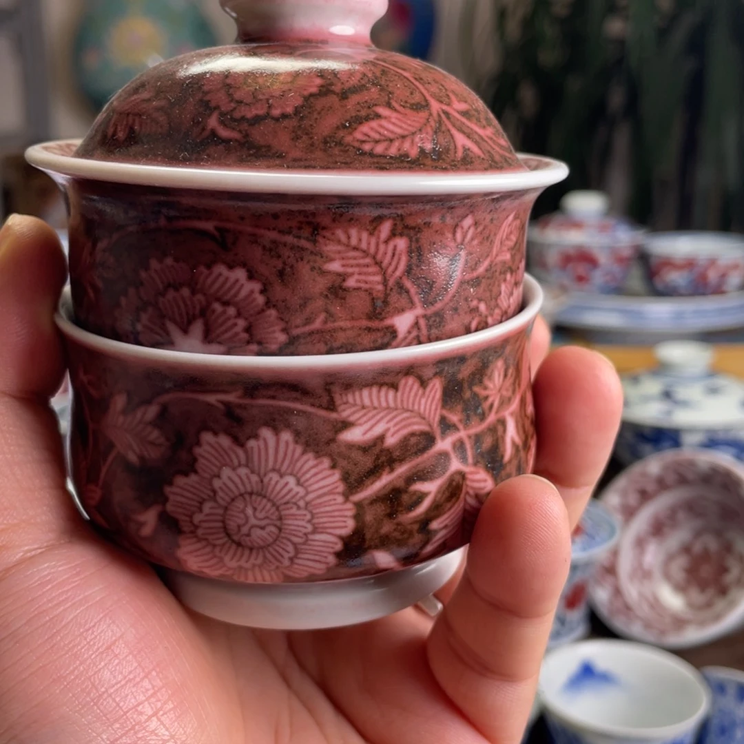 牛***岚釉里红牡丹花两件套