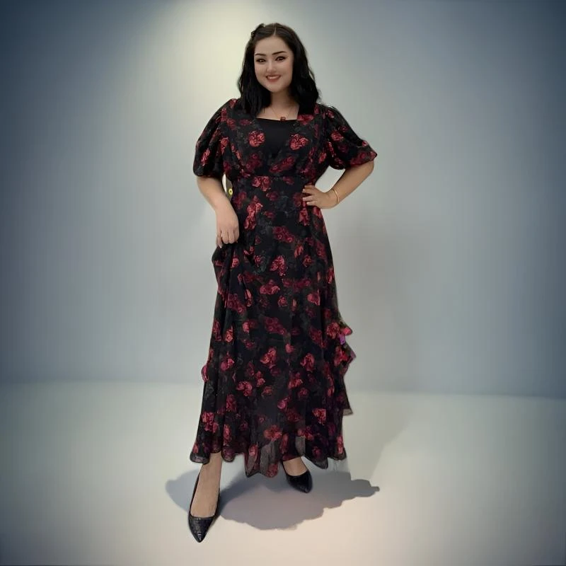 夏季套头圆领V领夏季绿花连衣裙连衣裙收腰显瘦长款