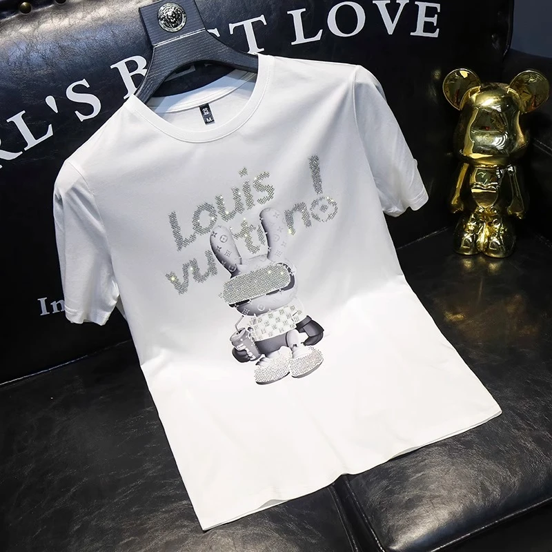 佩托本那夏季丝光棉短袖T恤男士潮牌烫钻大码修身圆领时尚体恤衫