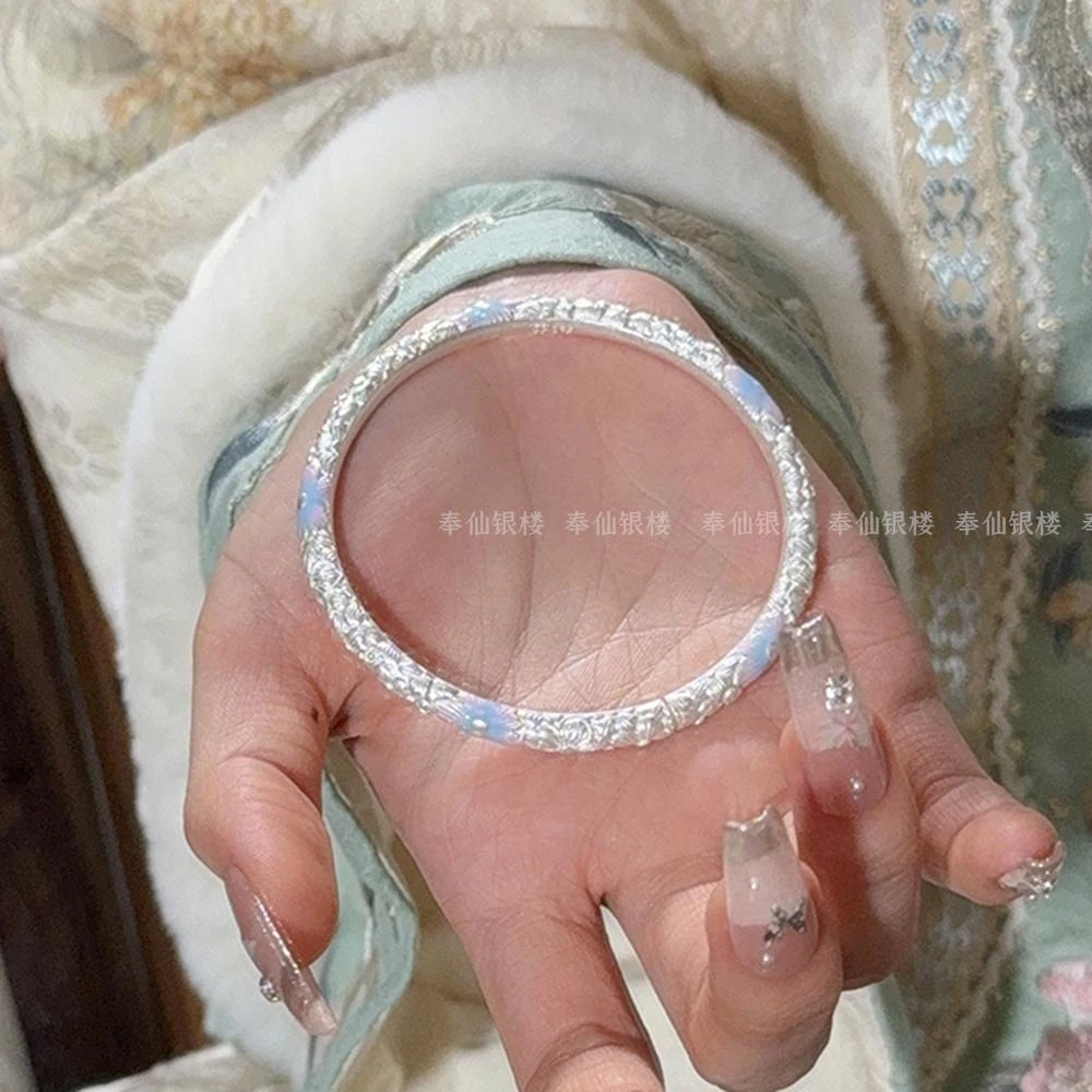 「桃花」足银999.9纯银手镯女新中式珐琅彩镯子小众年轻款送女友