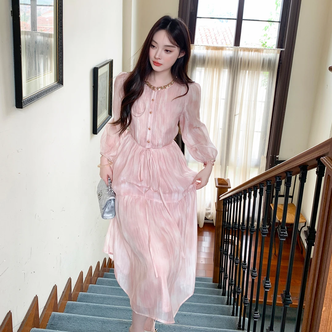 GERTCOREL2025新款秋季气质法式轻奢粉色莱赛尔天丝长袖连衣裙女