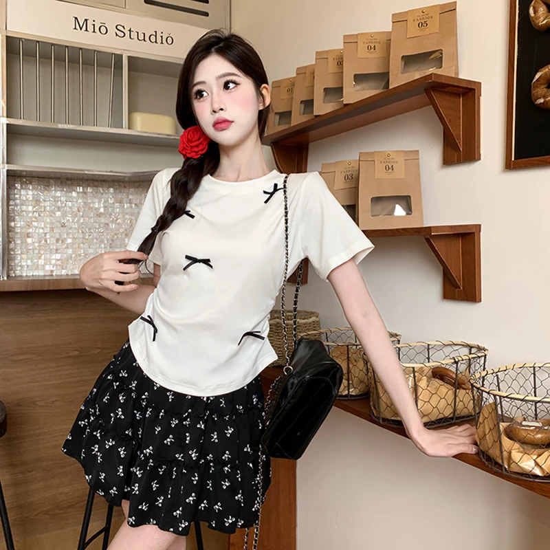 大码胖mm蝴蝶结短袖T恤高腰碎花半身裙短裙两件套显瘦套装女5626