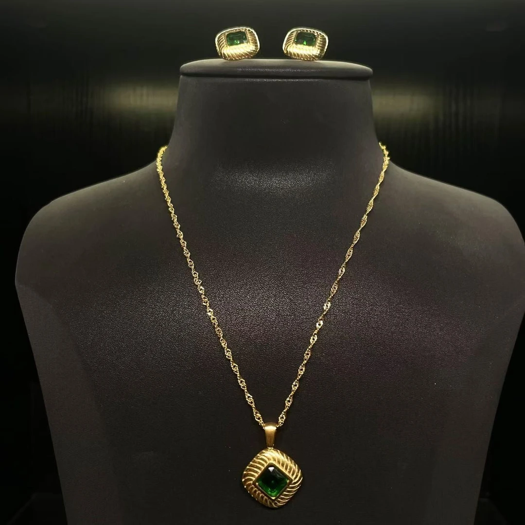 合金项链 中古风绿色莱茵石方形耳钉项链一套/S390+S391