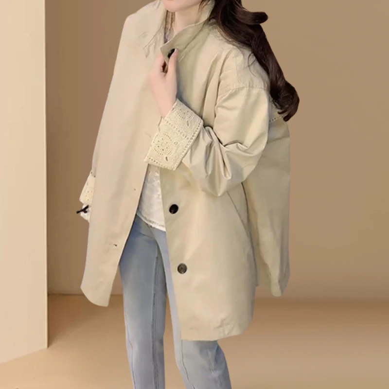 欧货立领单排扣极简中长款风衣女2025春秋新款宽松休闲百搭外套