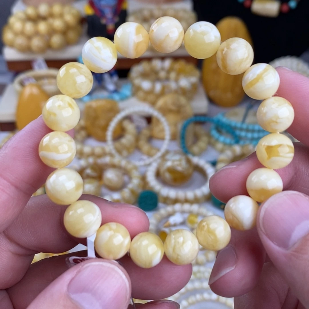 蜜蜡未镶嵌手链瓷白虎皮纹10.8mm圆珠