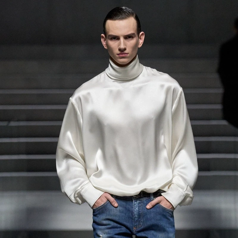 巴黎秀场款时髦高领宽松绸面光泽垂感长袖T恤潮男cheanfit打底衫