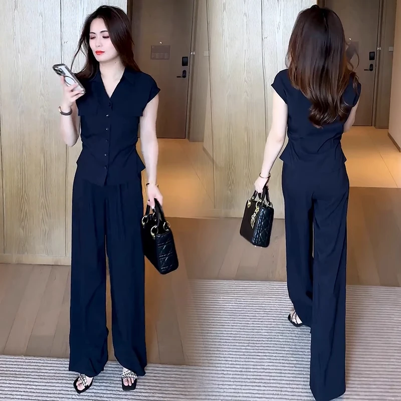 时尚气质套装女2025夏季新款洋气显瘦衬衫阔腿裤休闲百搭两件套潮