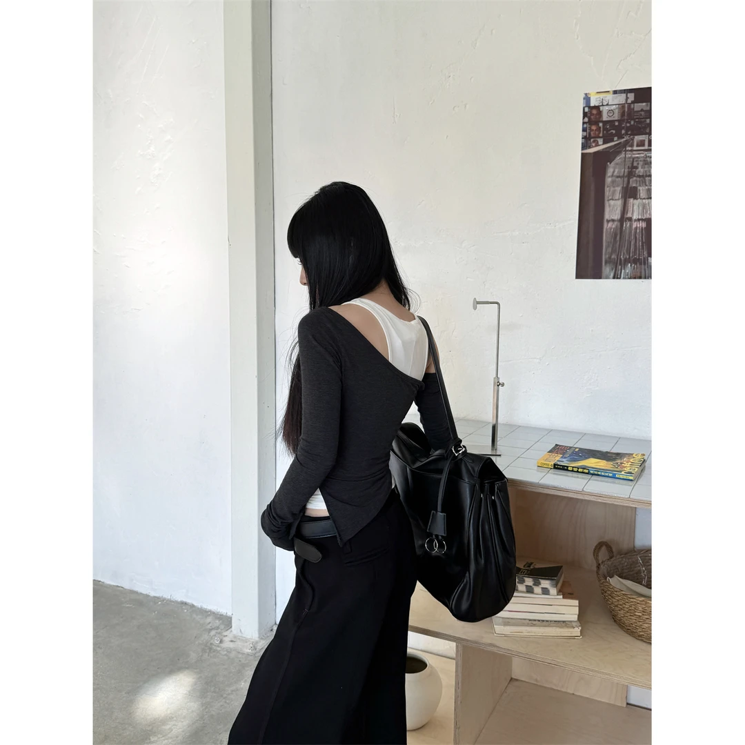 春季斜肩长袖打底两件套T恤拼色显瘦气质小众设计感通勤时尚修身