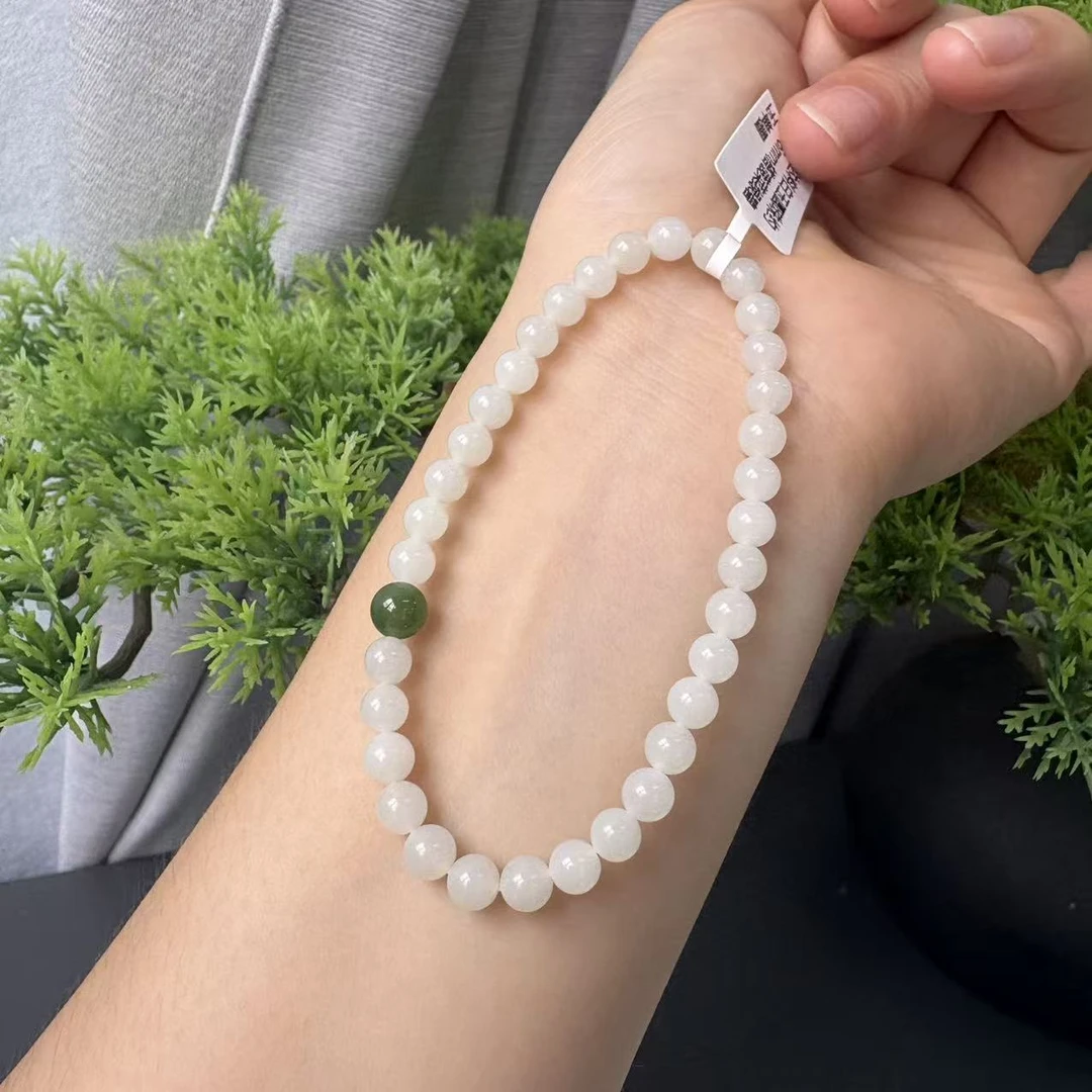 米达料白玉圆珠约5-6mm搭菠菜绿碧玉单圈