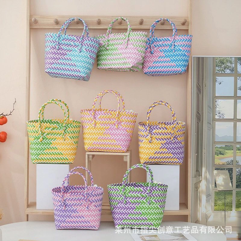 新款彩色斜纹手工编织菜篮子伴手礼diy包通勤小方包沙滩度假女包