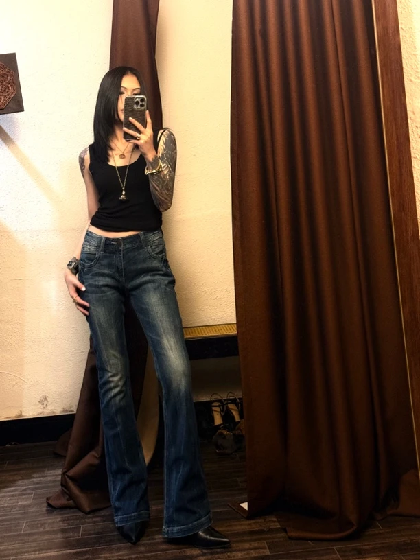 vintage双蝴蝶刺绣拉链元素很帅喇叭裤 腰围72 臀围92 裤长103