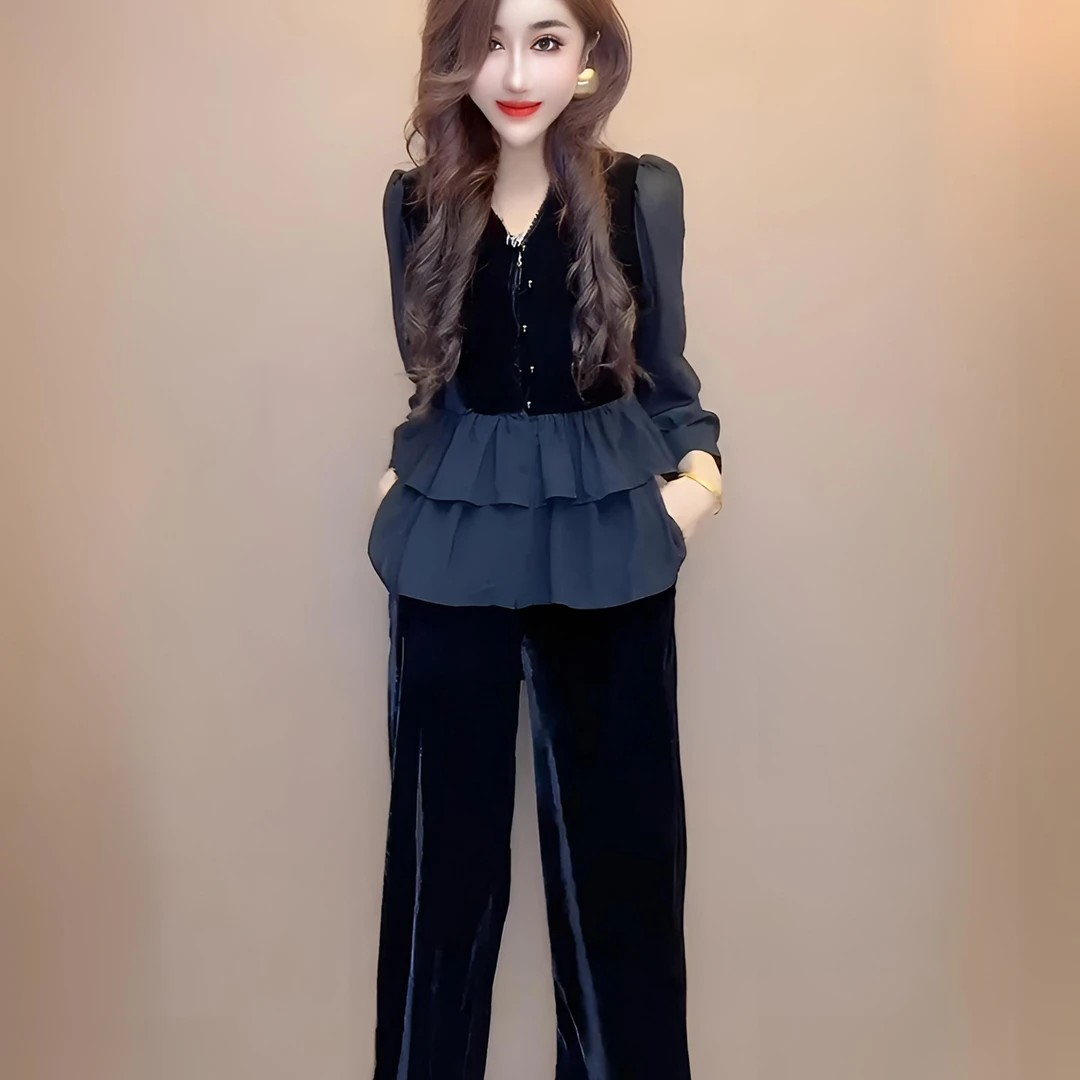 2025新款轻奢时尚气质显瘦纯色丝绒拼接雪纺长袖上衣+九分裤套装