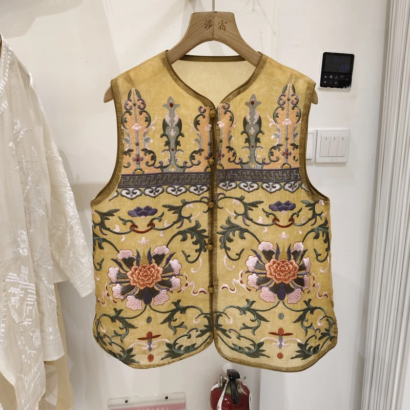 国风重工刺绣欧根纱薄款马甲女2025夏季新款时尚复古无袖圆领上衣