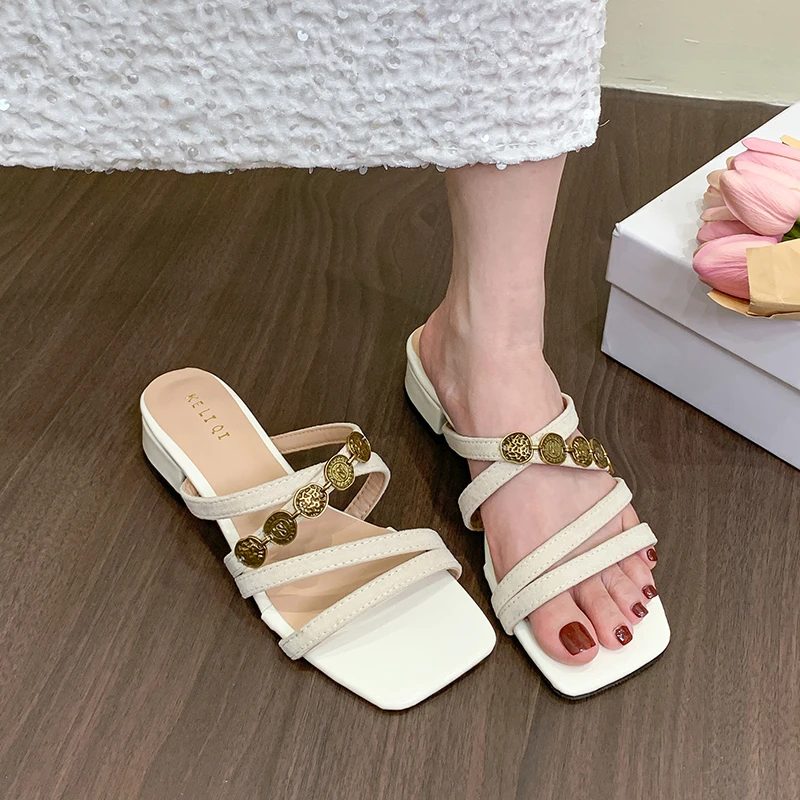 粗跟设计感露趾一字拖鞋夏季2025新款气质配裙子仙女鞋外穿凉拖鞋