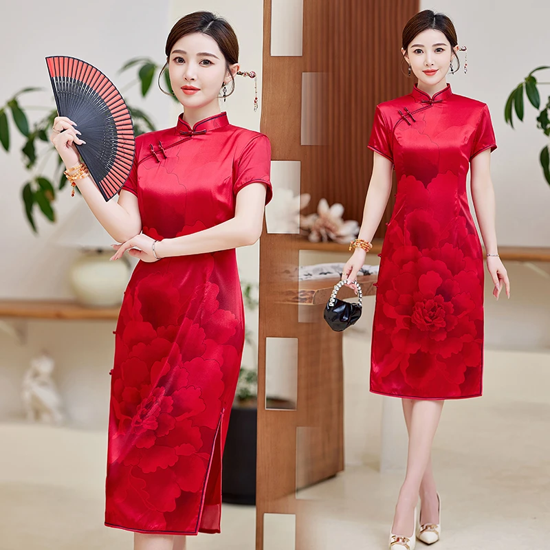 红色真丝桑蚕丝旗袍中长复古连衣裙25夏季新款短袖立领香云纱礼服