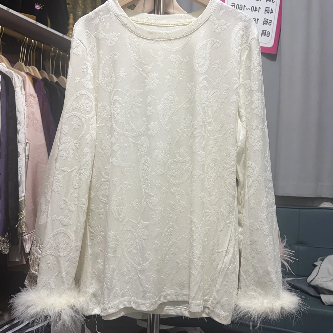 新中式修身型长袖T恤白色女士时尚打底衫真毛百搭