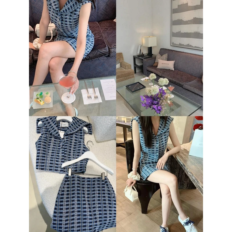 【大大钱22】LAPLA韩国夏季小众海军领粉紫小香风瘦套装