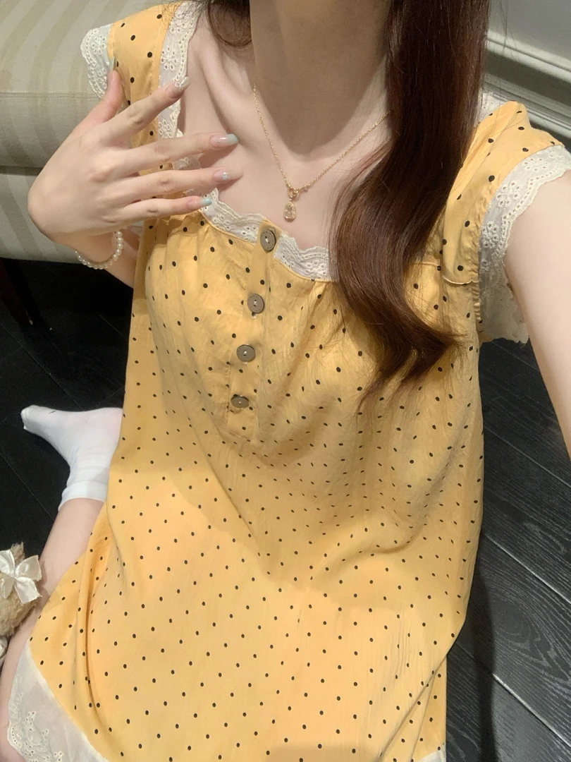 带胸垫吊带睡裙夏季韩版甜美少女蕾丝花边波点公主风无袖中长睡裙