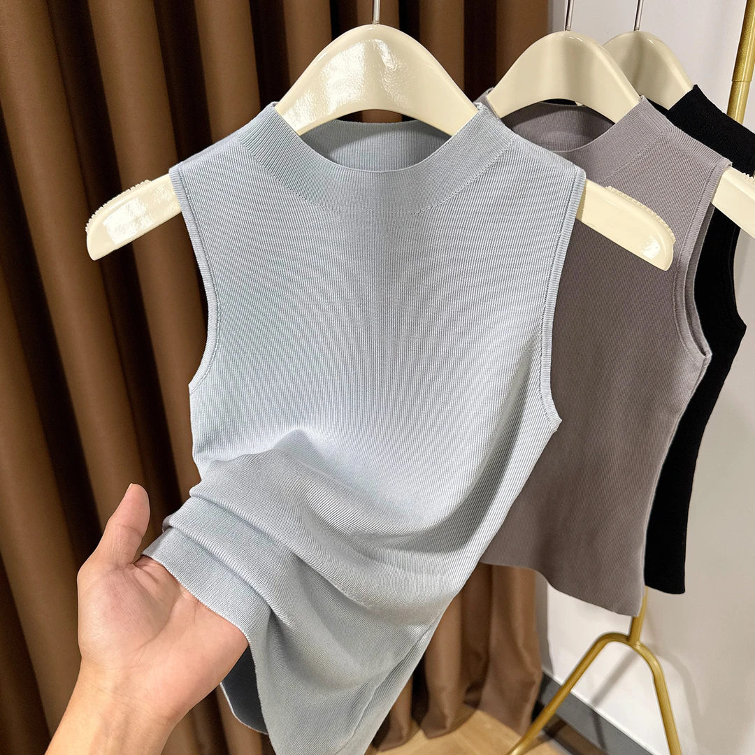 蓝色吊带背心女小圆领设计感时髦针织春夏法式性感无袖内搭打底衫