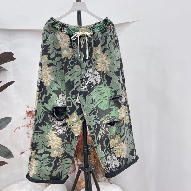 225春夏新款牛仔印花破洞宽松女裤