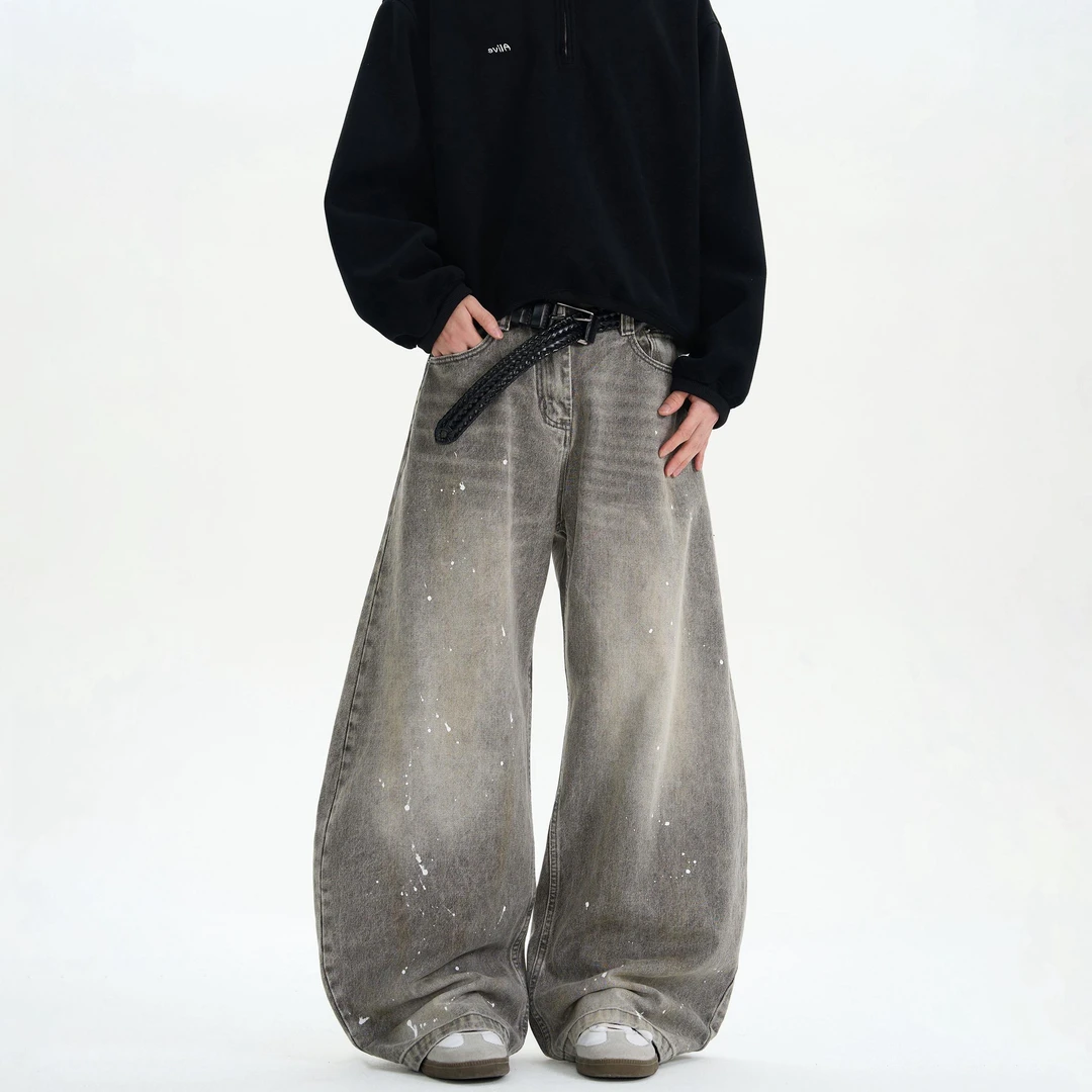 美式街头覆古水洗灰色泼墨弯刀牛仔裤男女潮牌痞帅宽松阔腿拖地裤
