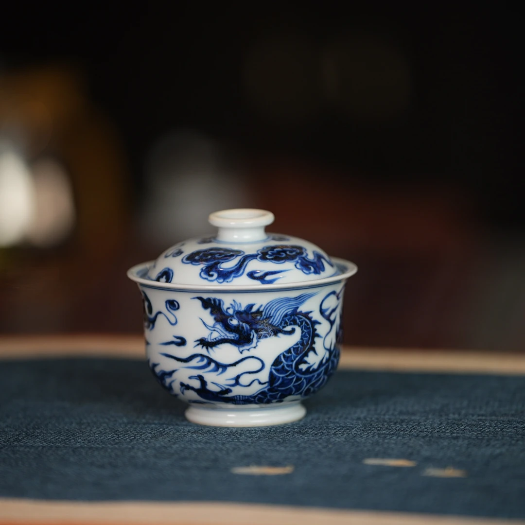 刘建锋窑 仿元龙纹布袋盖碗 纯手工手绘制作 景德镇陶瓷茶具茶器