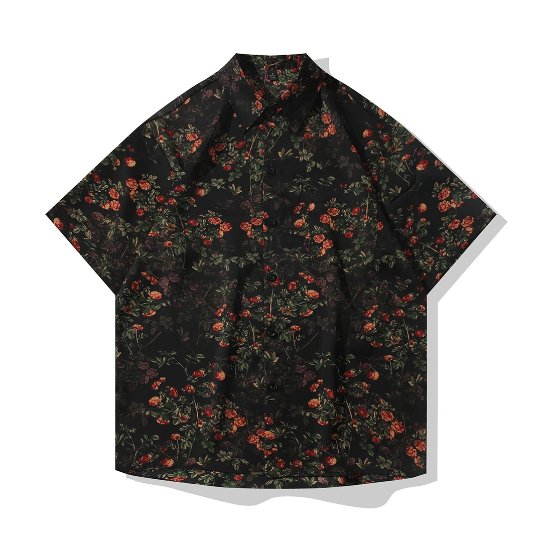 港风复古宽松短袖男冰丝花衬衫夏季凉感透气衬衣国潮休闲百搭上衣