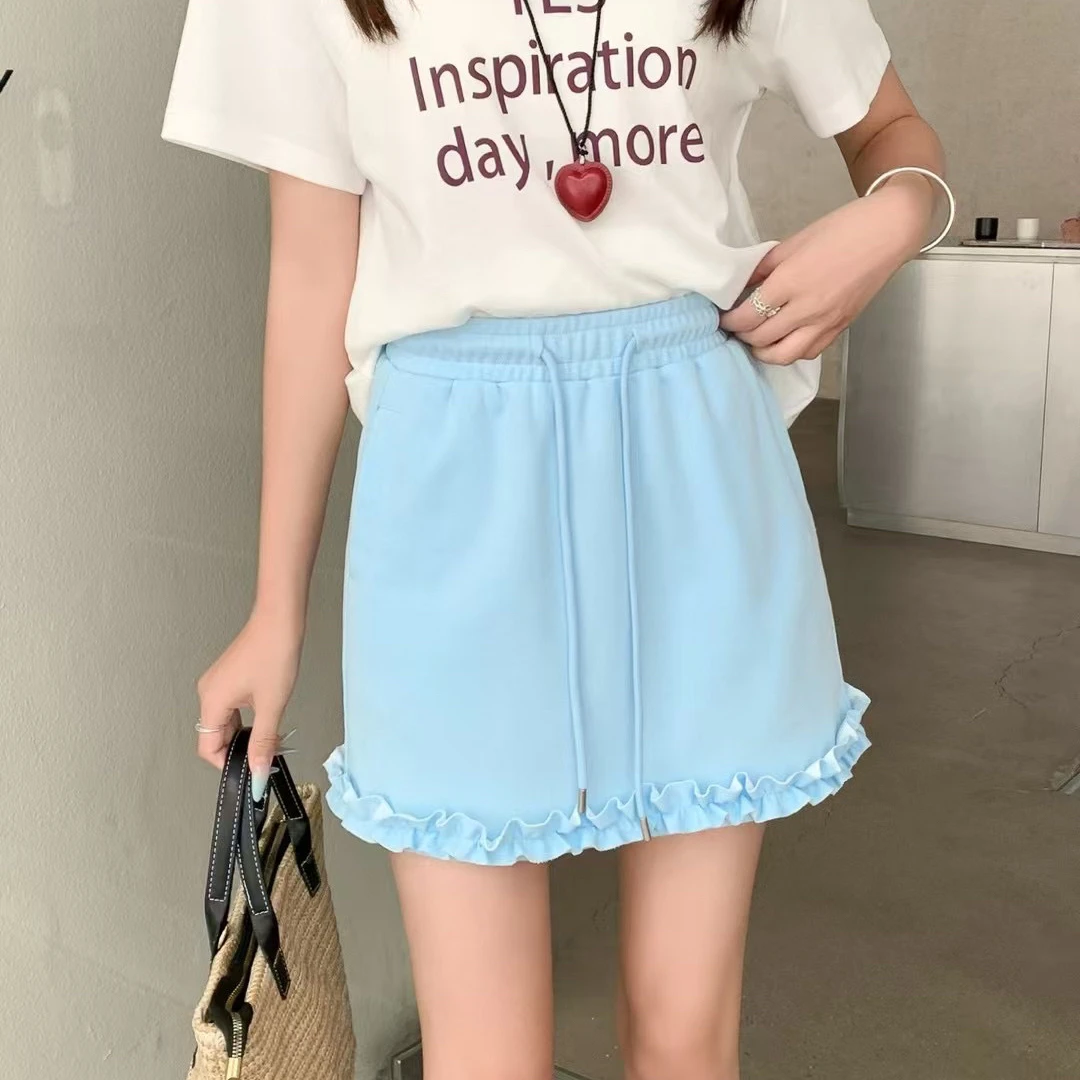 松紧腰抽绳拼接短裙女2025夏季新款洋气休闲下摆木耳边纯色半身裙