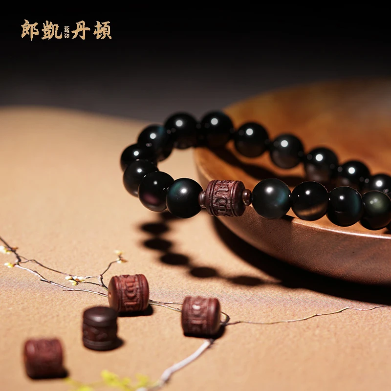 黑曜石小叶紫檀手串男女转运佛珠文玩手链本命年礼物情侣串珠饰品