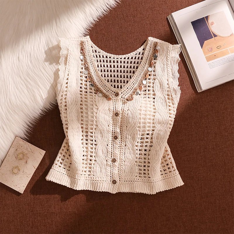 民族风镂空针织吊带背心女夏季外穿高级感2025新款小飞袖马甲上衣