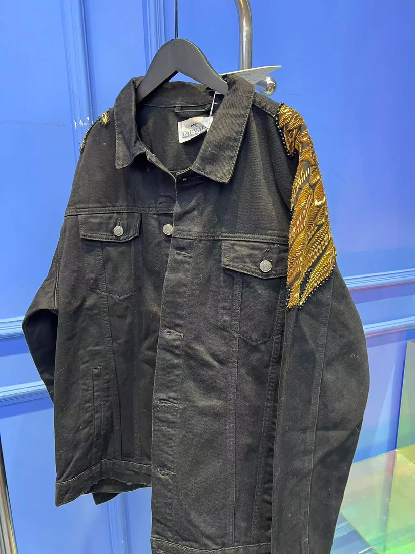 G00025 春款时尚休闲百搭黑色春季水洗拼接宽松潮流翻领外套