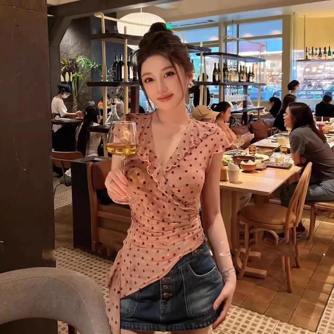 纯欲风荷叶边波点v领短袖t恤女夏季不规则收腰显瘦超好看独特上衣