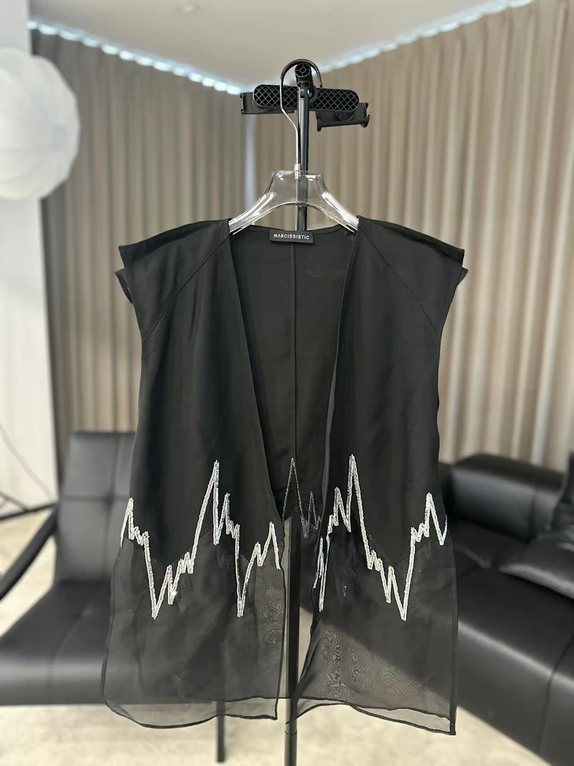 【柳青女装】2025夏季新款时尚气质中长款拼接钉珠亮片无袖马甲