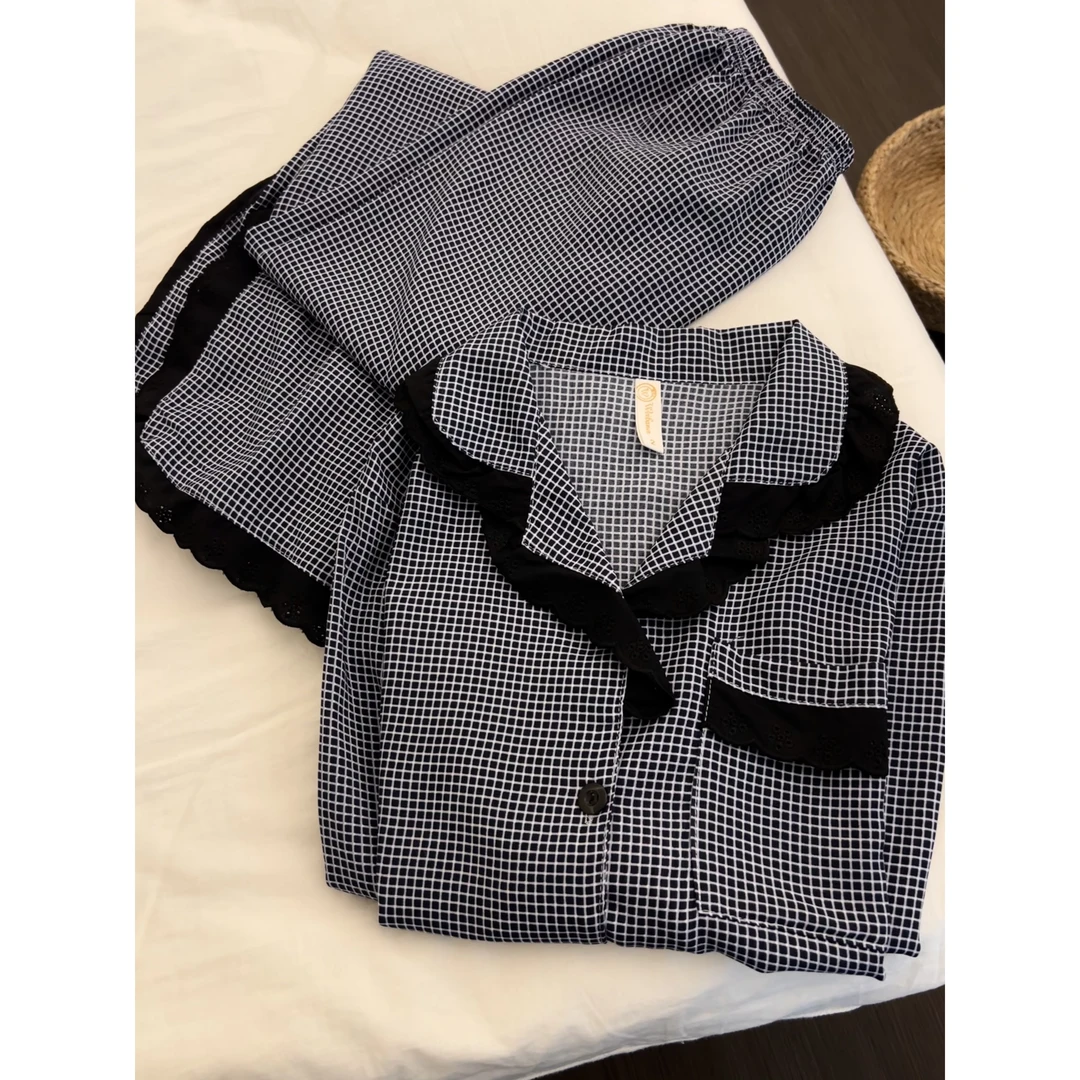 简约高级感蕾丝花边格子睡衣女春秋季2025新款开衫长裤家居服套装