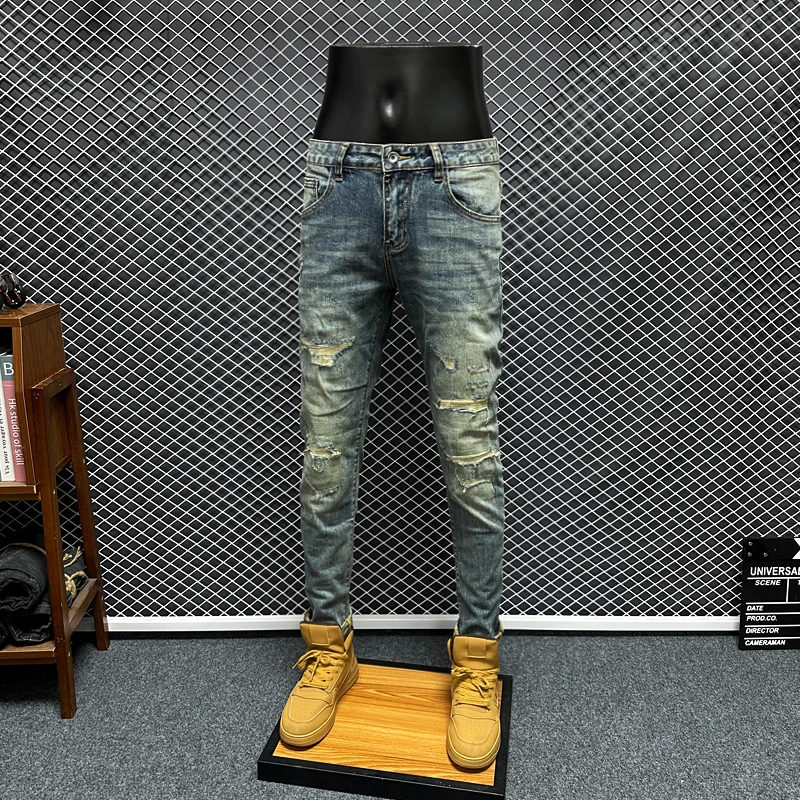 秋冬季复古蓝色男士破洞牛仔裤修身小直筒休闲百搭长裤弹力九分裤