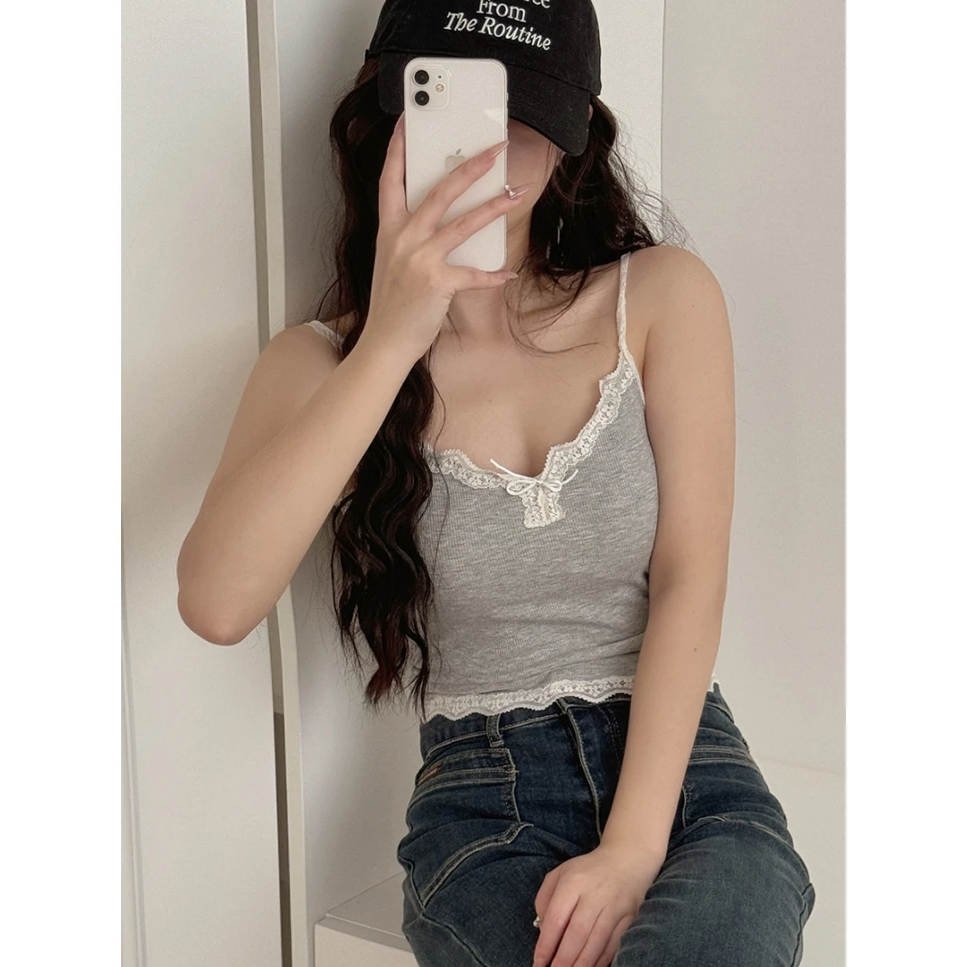 新款精致蝴蝶结花边美背高弹简约吊带背心上衣2025吊带