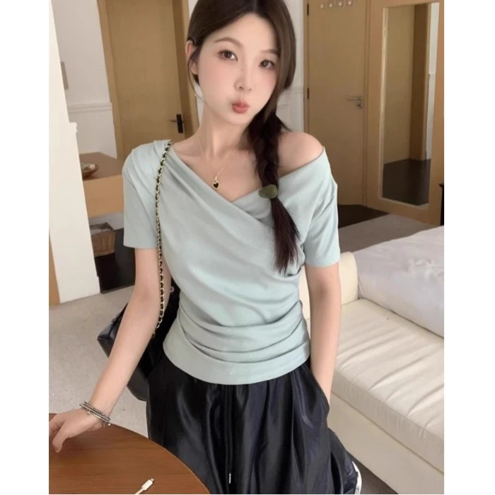 大码一字肩短袖T恤夏季漂亮小衫胖MM遮肉显瘦设计感别致上衣-7405